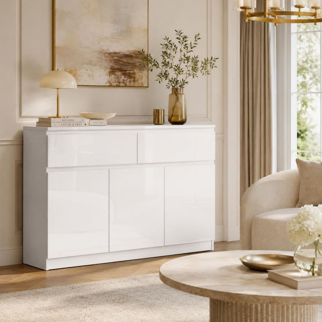 Buffet gris clair, design moderne, rangement optimise