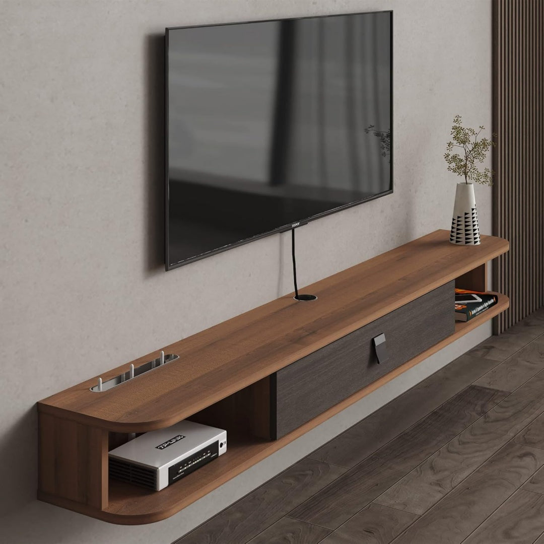 Meuble TV gris en bois massif et chene