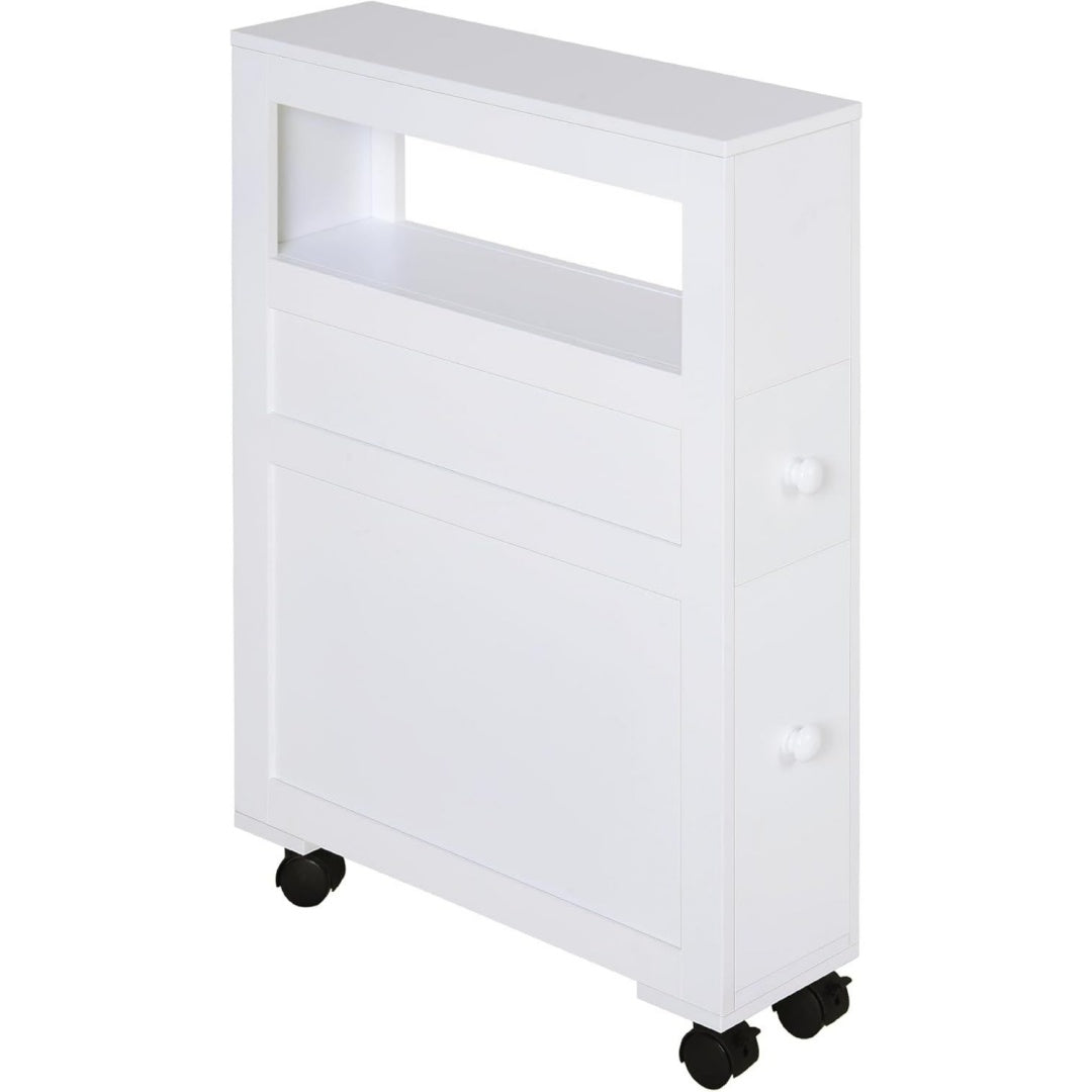Meuble sur pied en bambou teinte gris clair, deux tiroirs