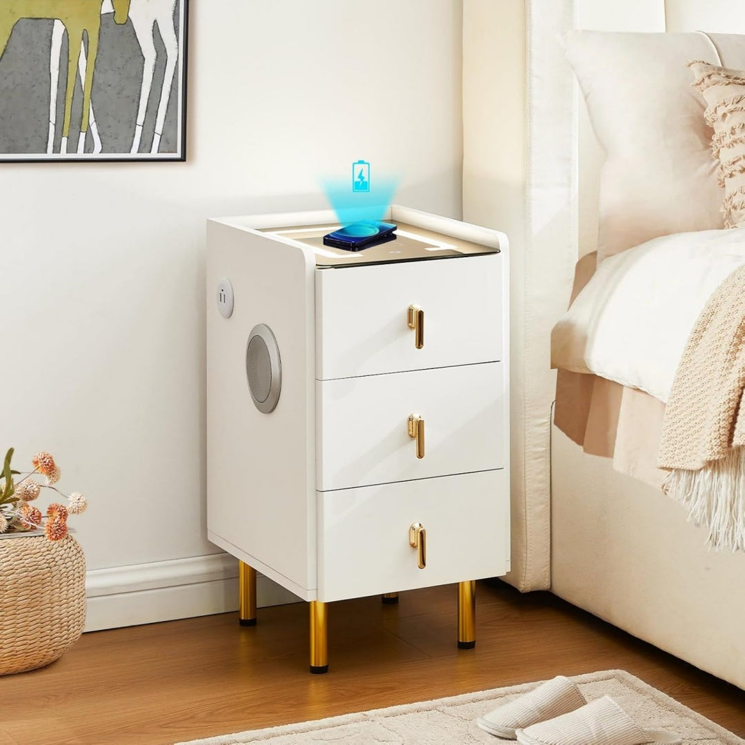 Table d'appoint gris clair, contemporain, pour chambre, rangement malin