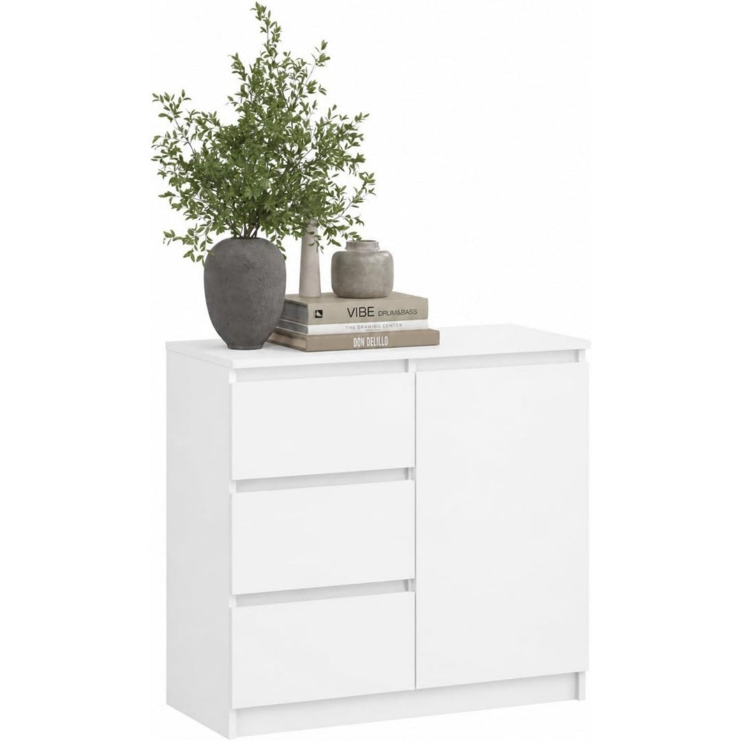 Commode gris clair 1 porte et 3 tiroirs 80 x 97 x 40 cm