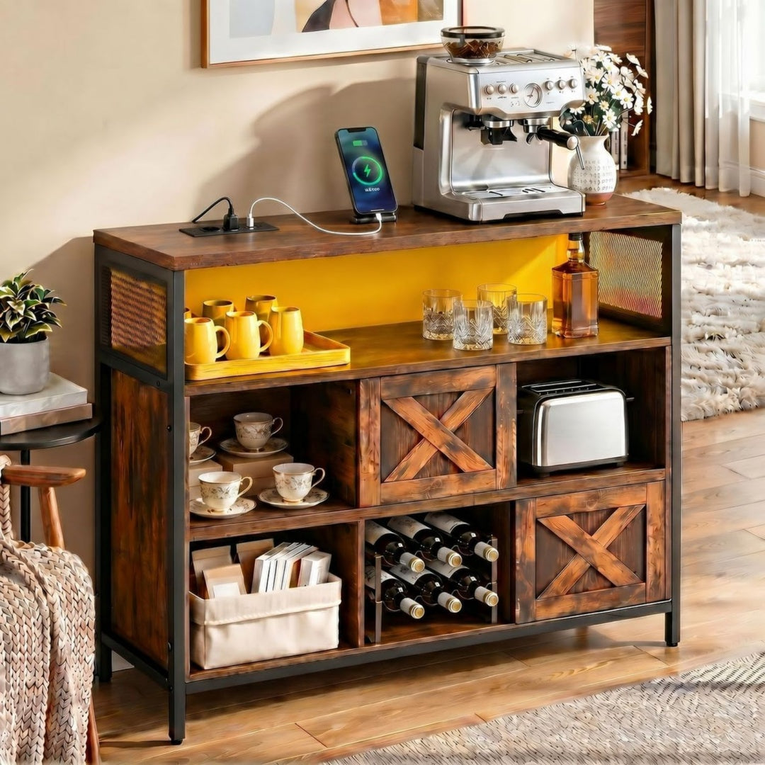 Design, bahut marron en bois etageres reglables